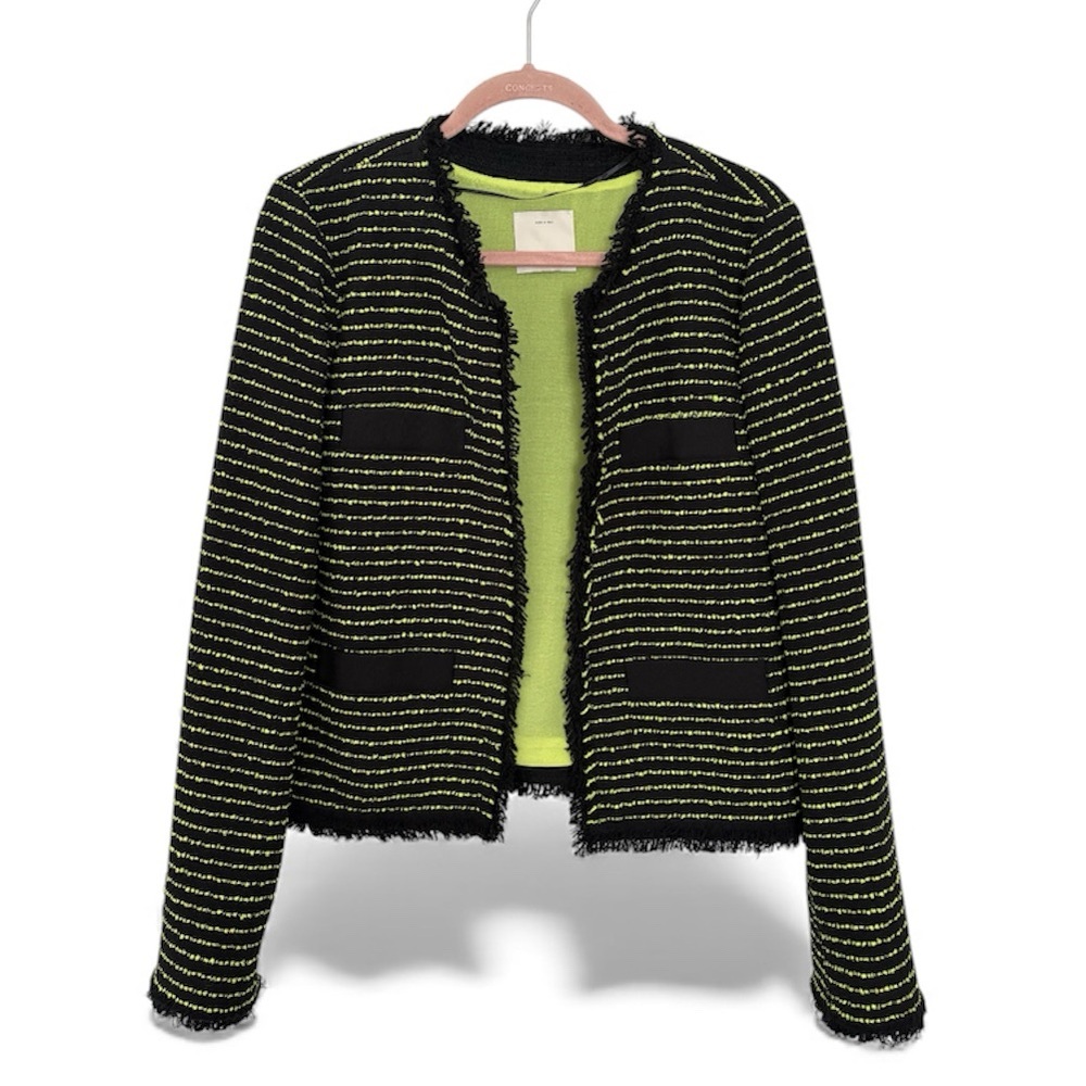 Pinko Women’s Jacket Blazer Black Green Striped Luxury Tweed Fringe Trim ITALY